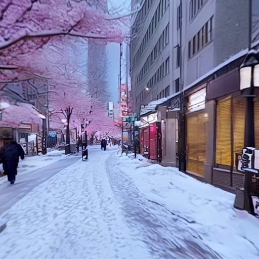 a city street covered in snow with cherry blossom trees lining the sidewalks